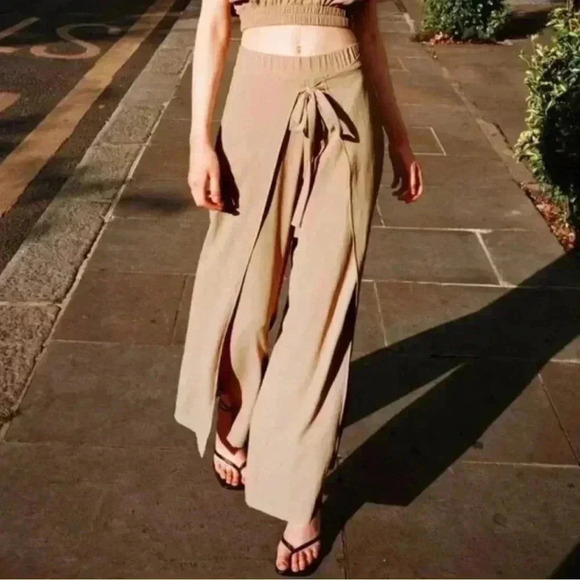 Zara Women’s Wide Leg Flowy Pull On Beachy Coastal Grandma Boho Trousers Beige S - Picture 3 of 8